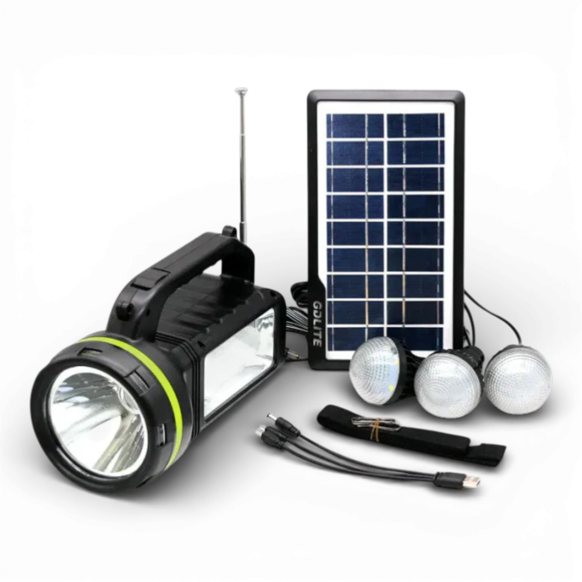 Kit Solar Portabil GDLite GD-2000A, Panou solar, USB, Bluetooth, Radio FM, MP3, Lanterna LED, 3 Becuri Incluse, Incarcare telefonica, Alimentare 220V