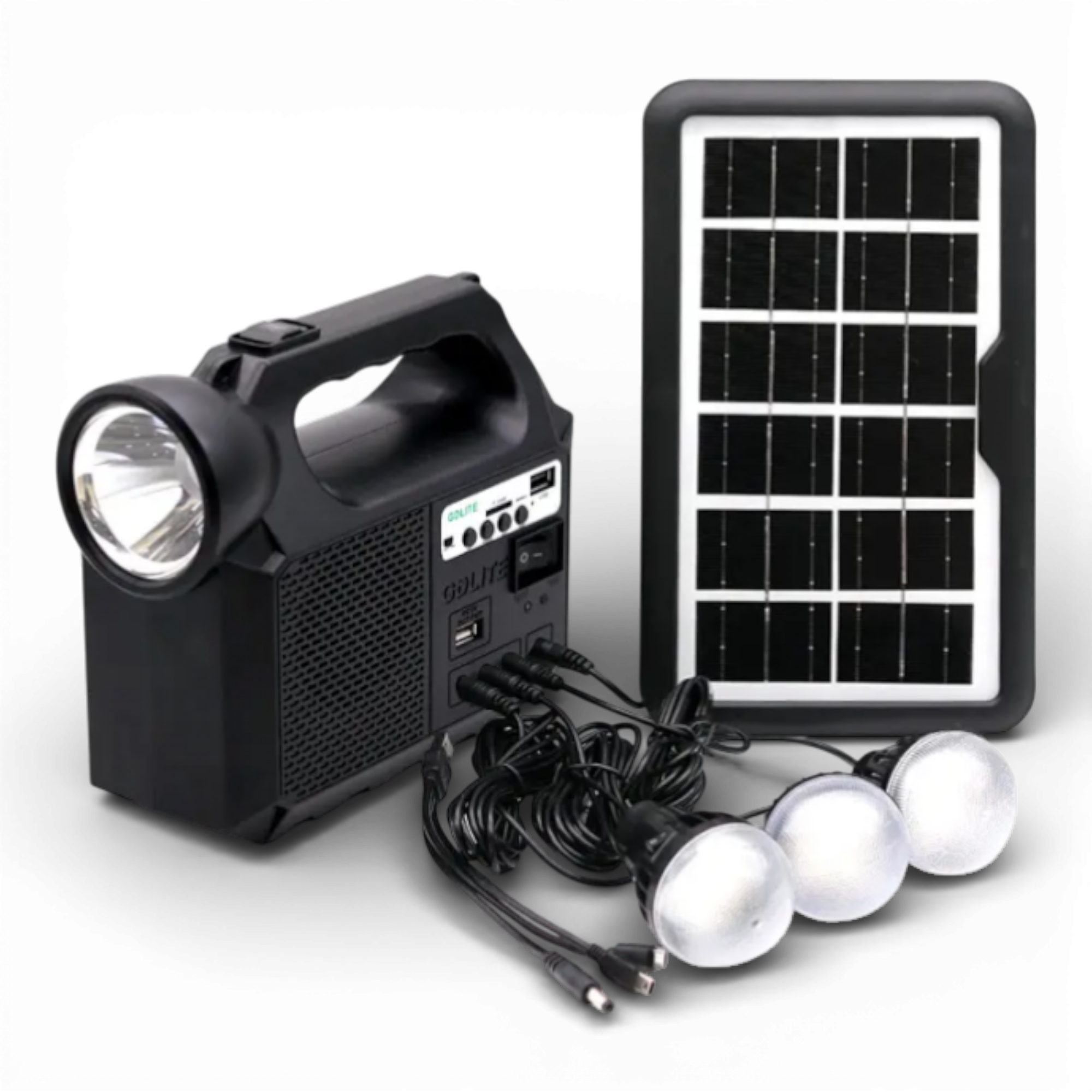 Kit Solar Portabil GDLite GD-8017M, Panou solar, USB, Bluetooth, Radio FM, MP3, Lanterna LED, 3 Becuri Incluse, Incarcare telefonica