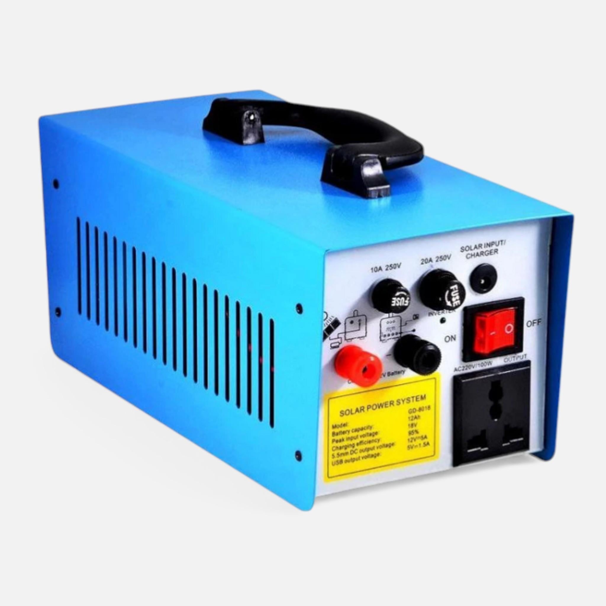 Sistem Fotovoltaic GD Liting GD-8018 – Sistem 12V/12Ah 100W cu Panou Solar 18V/20W, 3 Becuri, Ieşire USB, Alimentare 220V