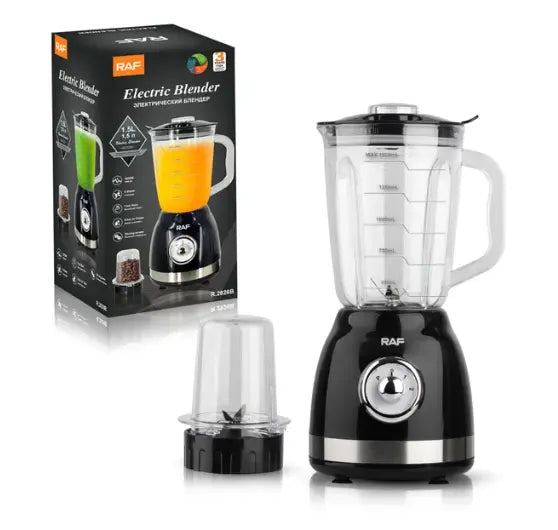 Blender Electric de sticla 2 in 1 RAF® , 1000 W cu Rasnita de Cafea, capacitate recipient 1.5L, 2 trepte viteza, Negru