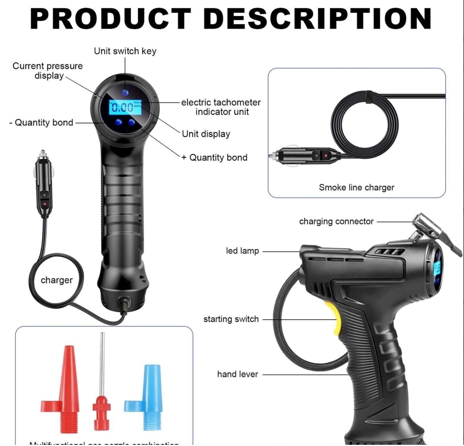 Compresor portabil multifunctional, 12V, 10 bari, afișaj digital LED, alimentare la bricheta masinii - SHAM - Eleganta autentica, Inspiratie modena.