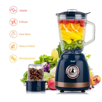 Blender Electric de sticla 2 in 1 RAF® , 1000 W cu Rasnita de Cafea, capacitate recipient 1.5L, 2 trepte viteza, Negru