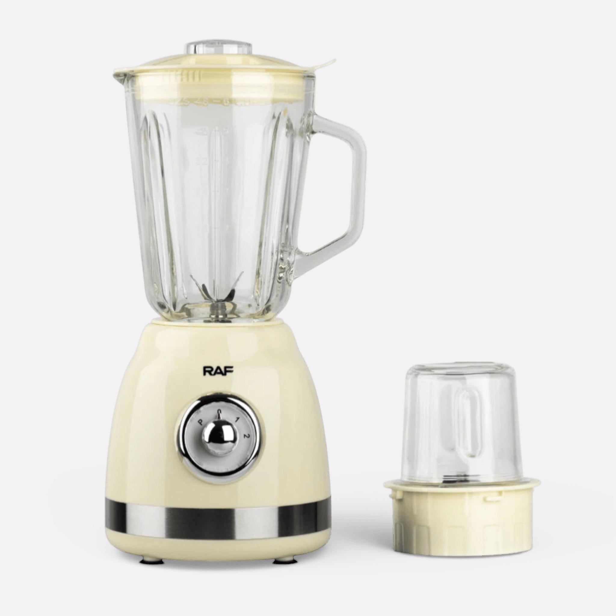 Blender Electric de sticla 2 in 1 RAF® , 1000 W cu Rasnita de Cafea, capacitate recipient 1.5L, 2 trepte viteza, Crem Metalic