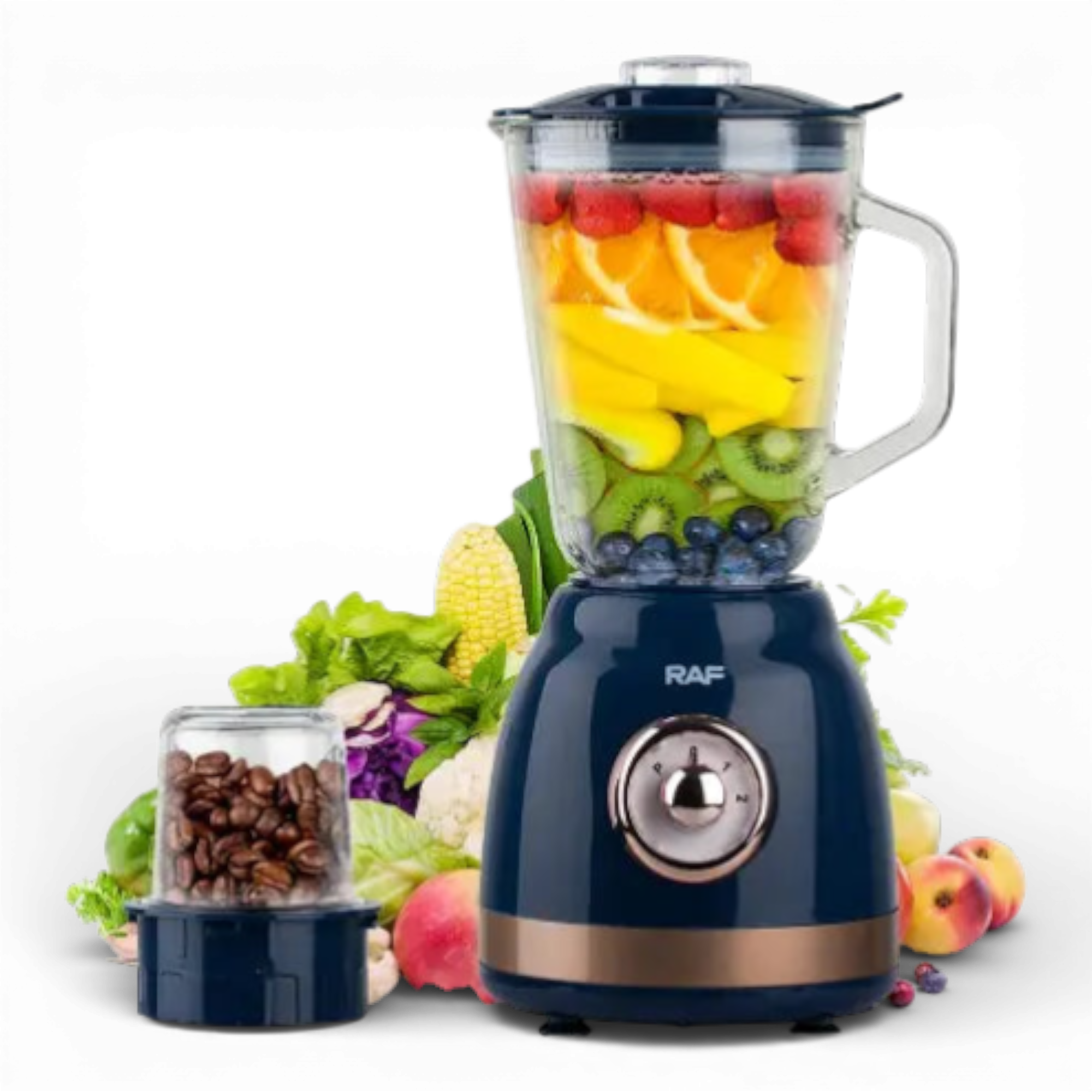 Blender Electric de sticla 2 in 1 RAF® , 1000 W cu Rasnita de Cafea, capacitate recipient 1.5L, 2 trepte viteza, Albastru