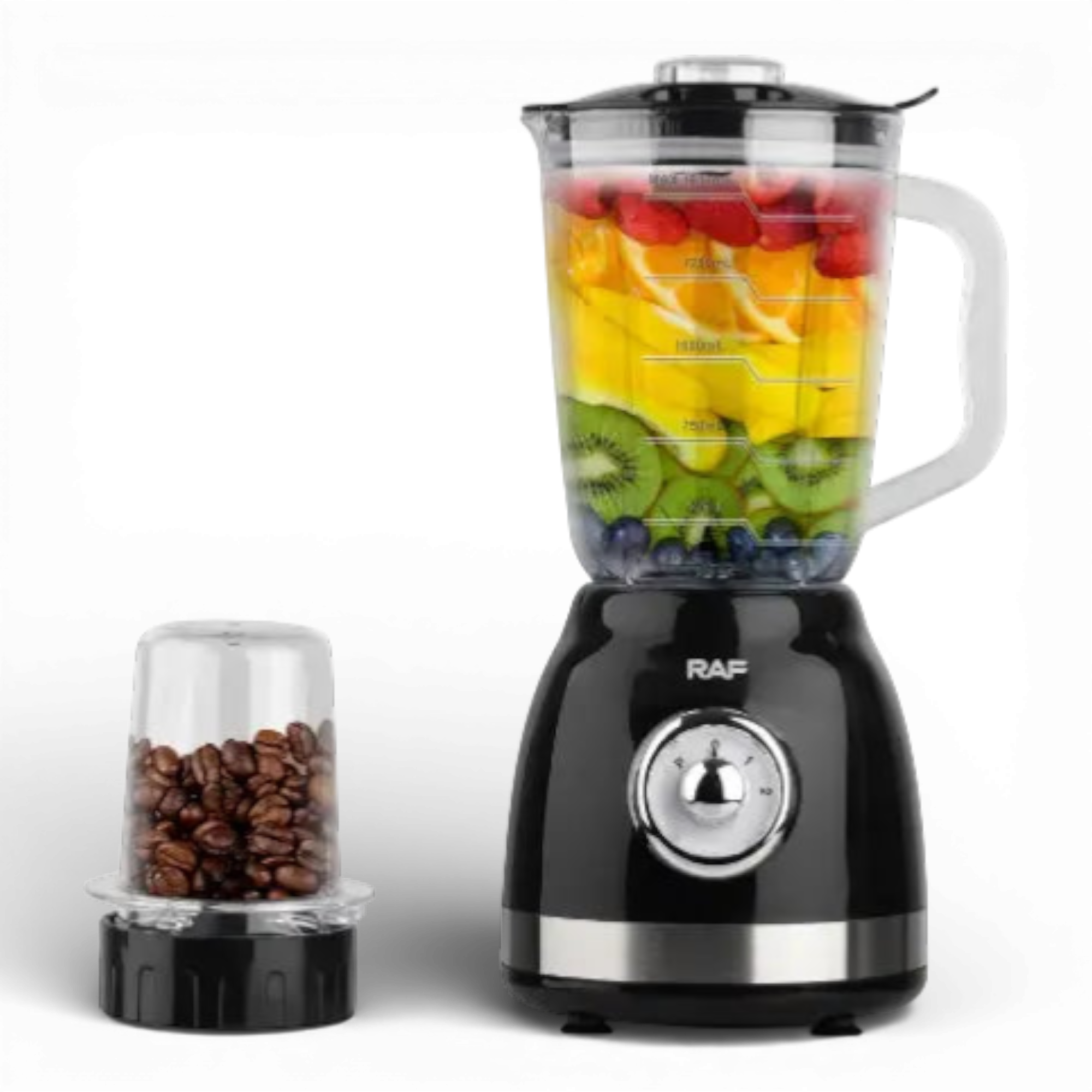 Blender Electric de sticla 2 in 1 RAF® , 1000 W cu Rasnita de Cafea, capacitate recipient 1.5L, 2 trepte viteza, Negru