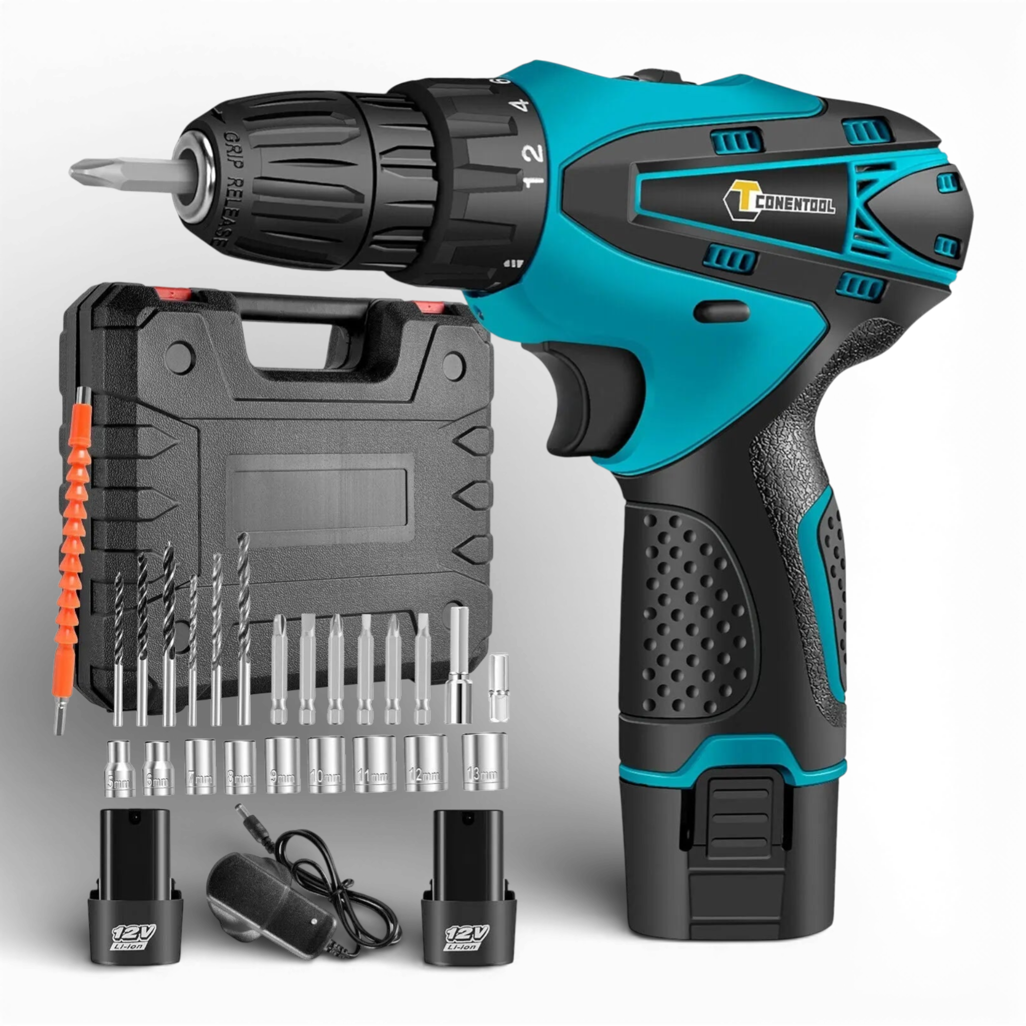 Set Bormasina Electrica cu 2 Acumulatori 12V, Set 24 de Accesorii, 1400 RPM