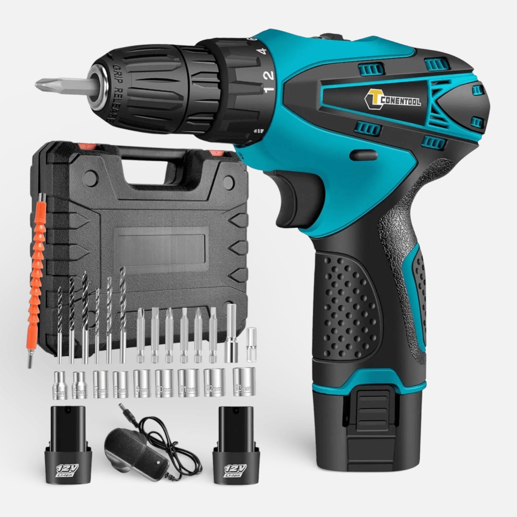 Set Bormasina Electrica cu 2 Acumulatori 12V, Set 24 de Accesorii, 1400 RPM