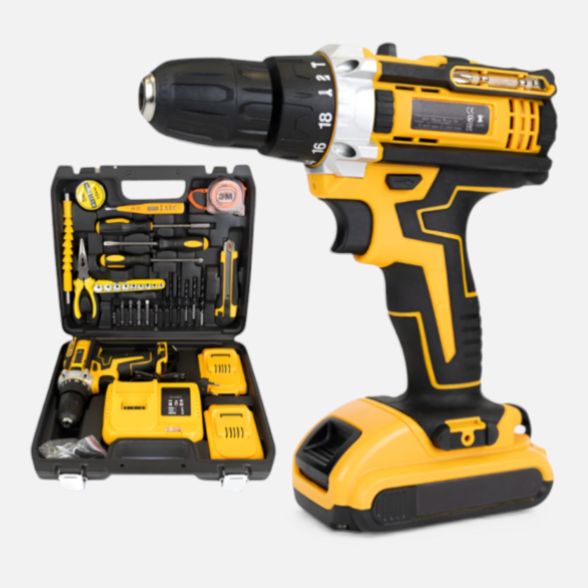 Bormasina de gaurit si insurubat cu acumulator AEIDEN, cu percutie, 2 acumulatori 48V 8.0Ah, 500W, set 30 accesorii, statie de incarcare, valiza transport, Galben/Negru