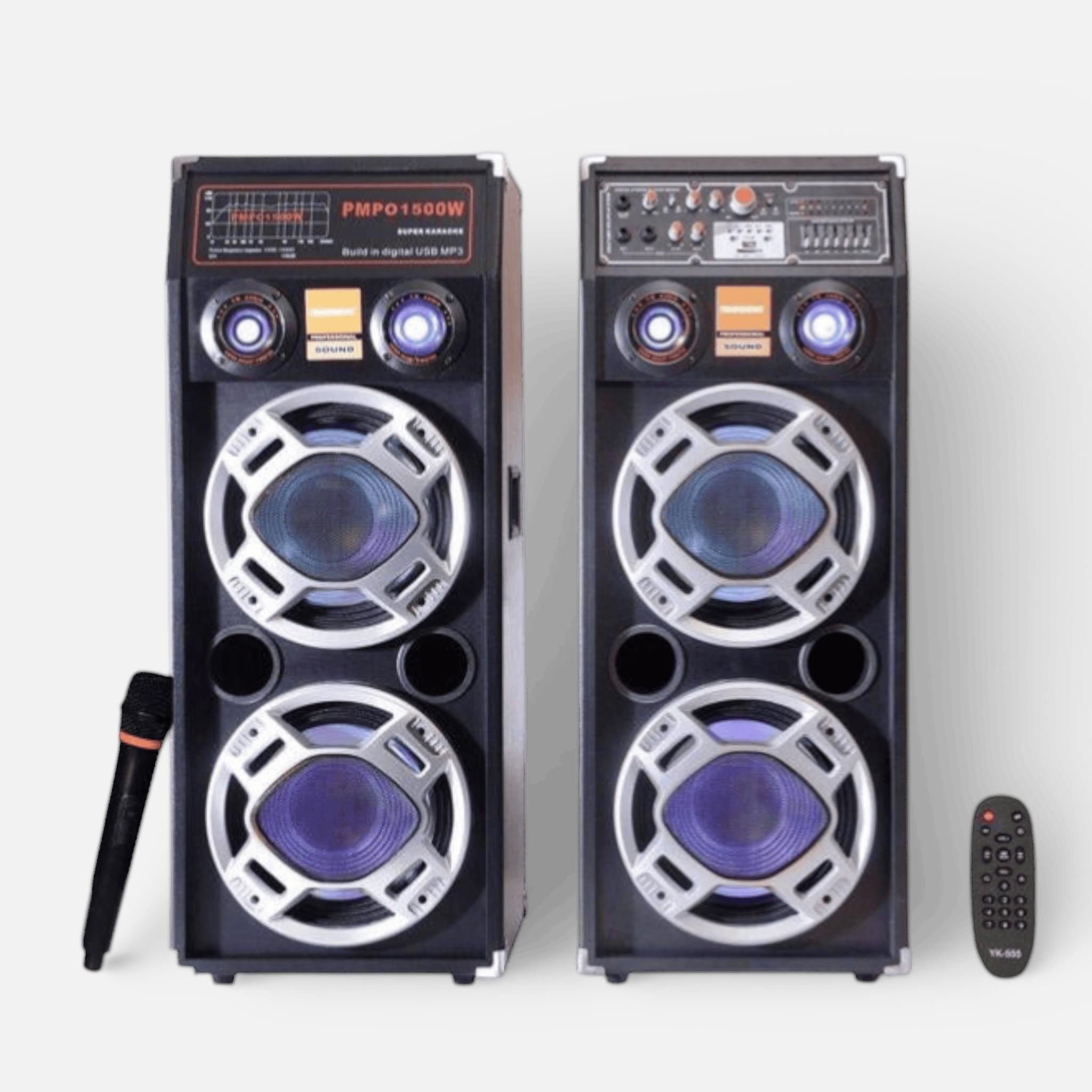 Set Boxe Audio Profesionale 2304, Egalizator pe 7 Benzi, Sistem Karaoke, Putere 700 W, Lumini RGB, Conectivitate Bluetooth, Port USB, Slot SD Card, AUX In, FM Radio, Cadou Microfon si Telecomanda