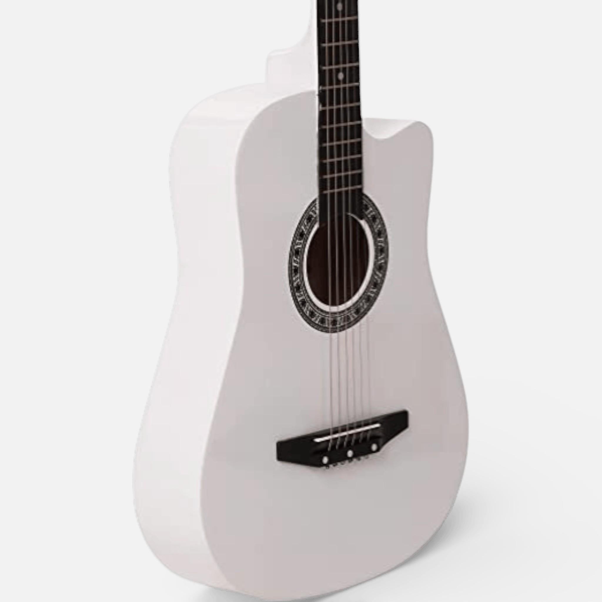 Chitara Acustica Alba 4/4 38" ( 95 x 35 cm ), pentru Incepatori si Adulti, Recomandata peste 8-10 Ani, 6 Corzi Metalice, 20 De Taste