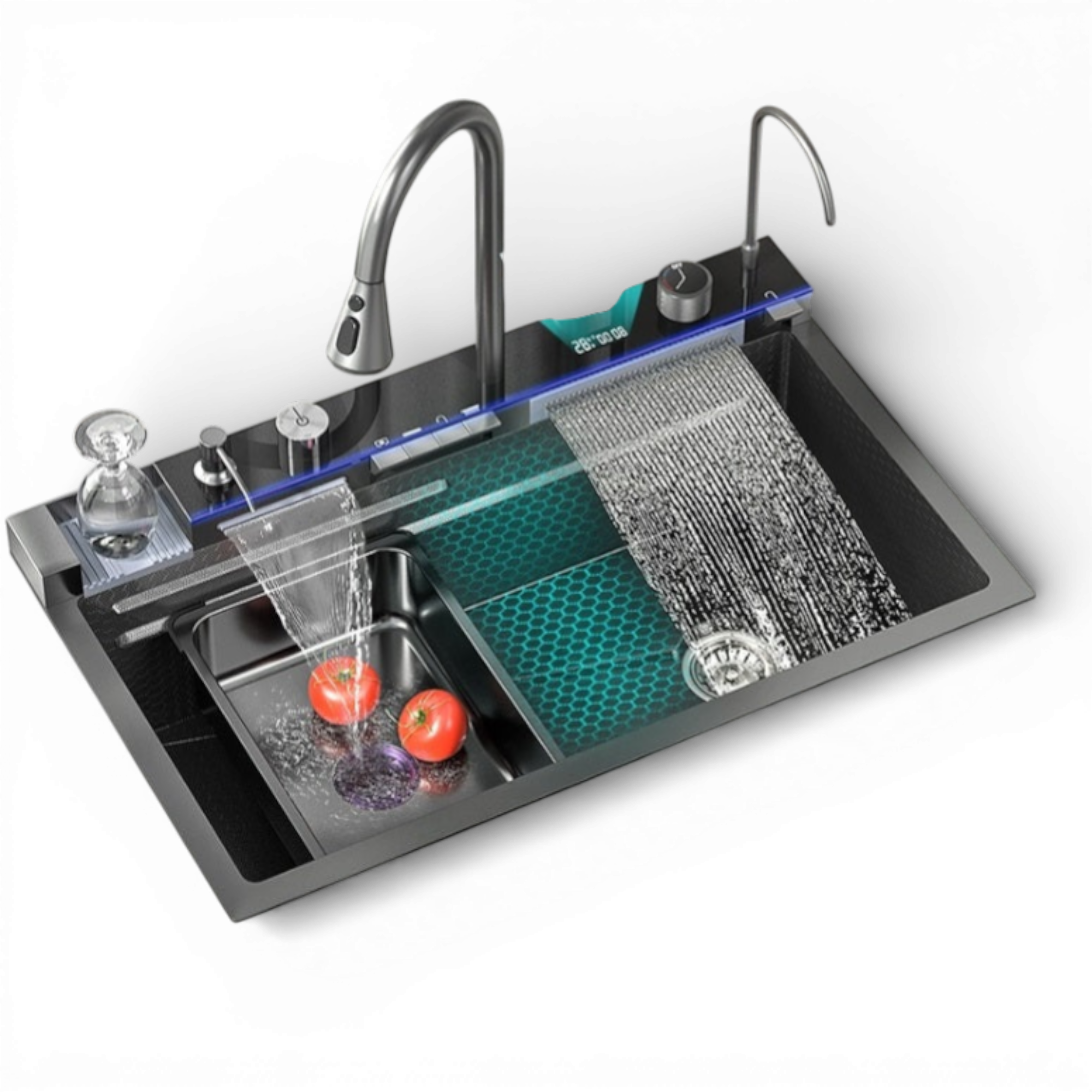 Chiuveta multifunctionala cu 2 cascade cu accesorii incluse, afisaj digital a temperaturii si robinet cascada, culoare negru grafit, dimensiune 750x460mm