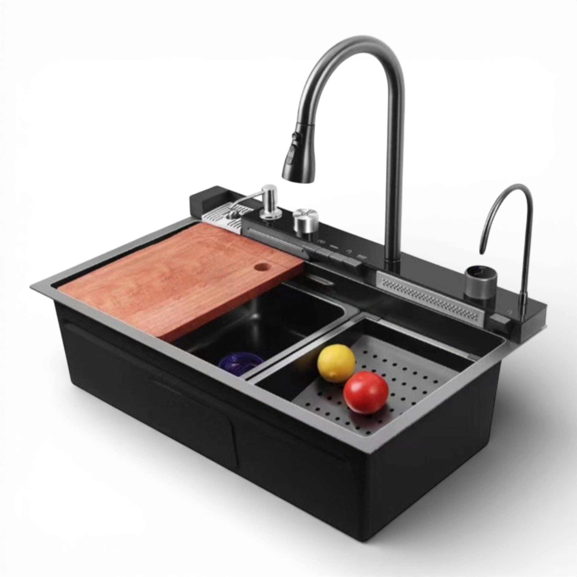 Chiuveta multifunctionala cu 2 cascade cu accesorii incluse, afisaj digital a temperaturii si robinet cascada, culoare negru grafit, dimensiune 750x460mm