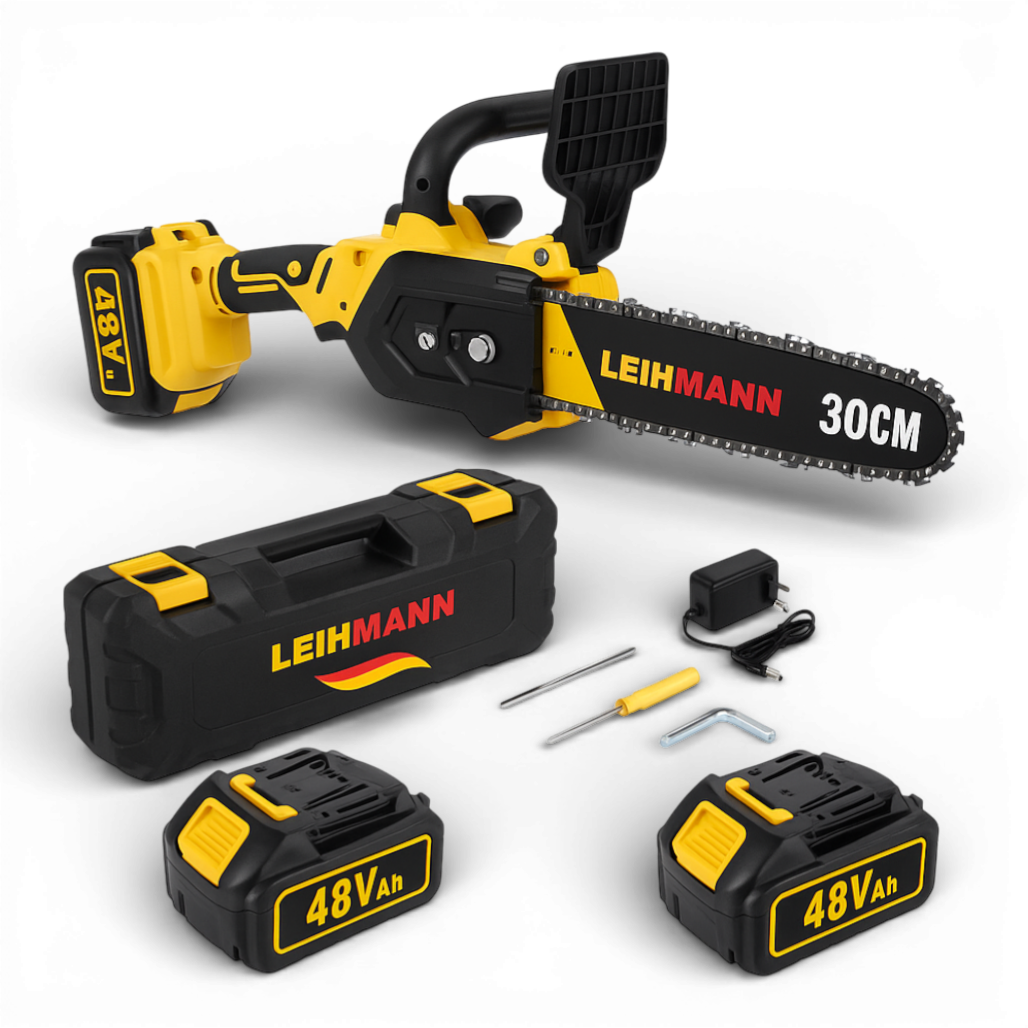Drujbă electrică LEIHMANN, 12 inch (30 cm), 48V, 2 acumulatori,2 lanțuri, galben/negru