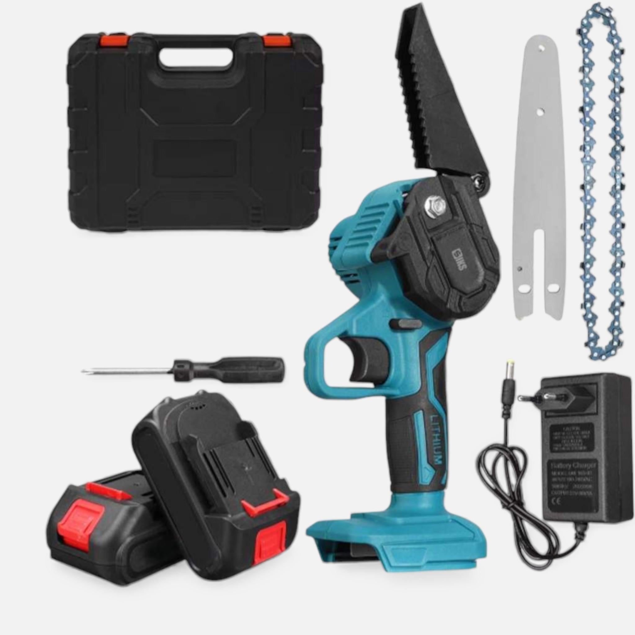 Drujba Fierastrau AEIDEN® cu 2 acumulator 48V, lama 6 inch/15 cm, 2 lanturi, fara fir, portabil, accesorii si valiza incluse