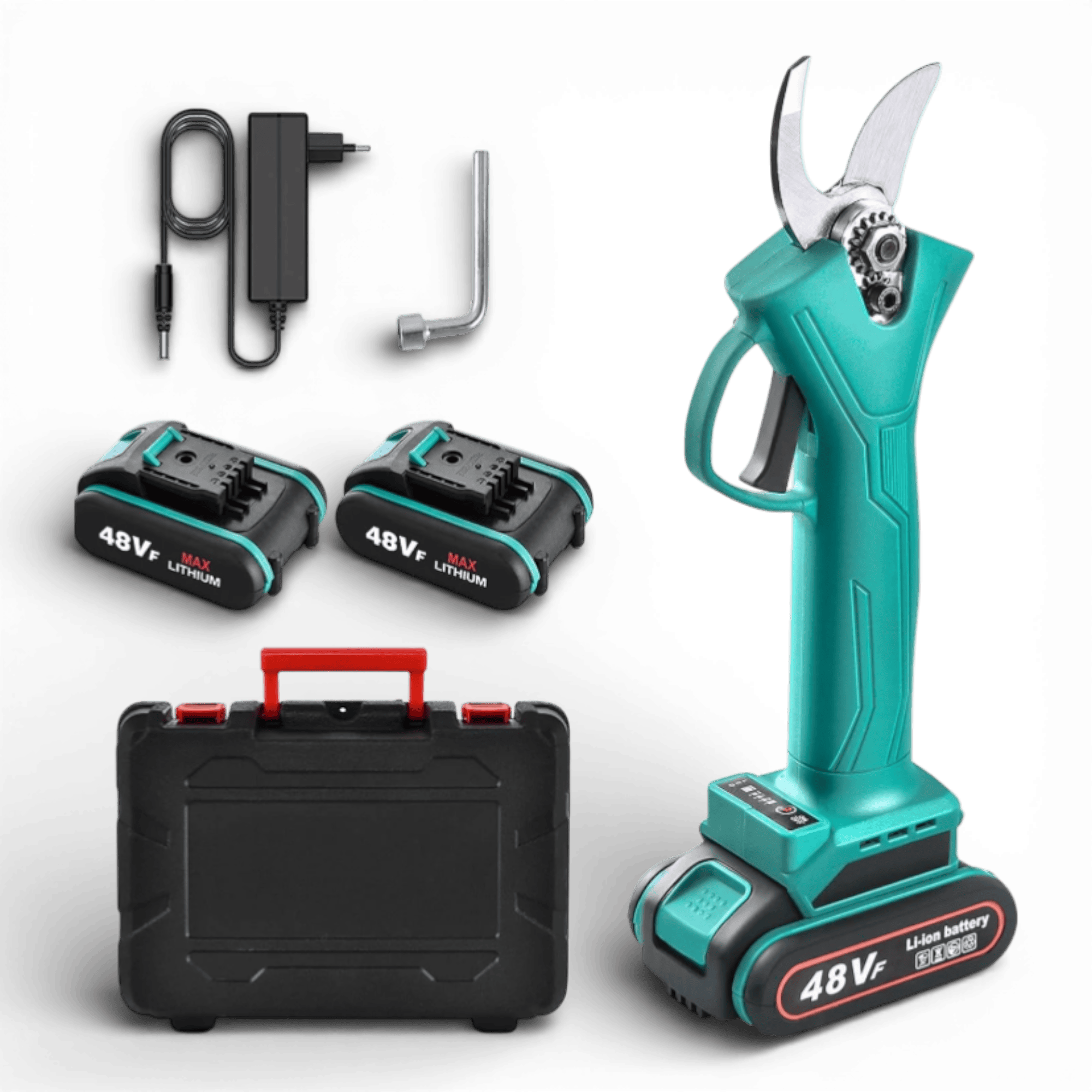 Foarfeca electrica portabila pentru Gradinarit AEIDEN ®, 2 Acumulatori 48V 8.0Ah, 500W, Lama din otel Carbon, baterie 8000mAh, 1 incarcator, design modern, accesorii incluse si valiza de transport, autonomie