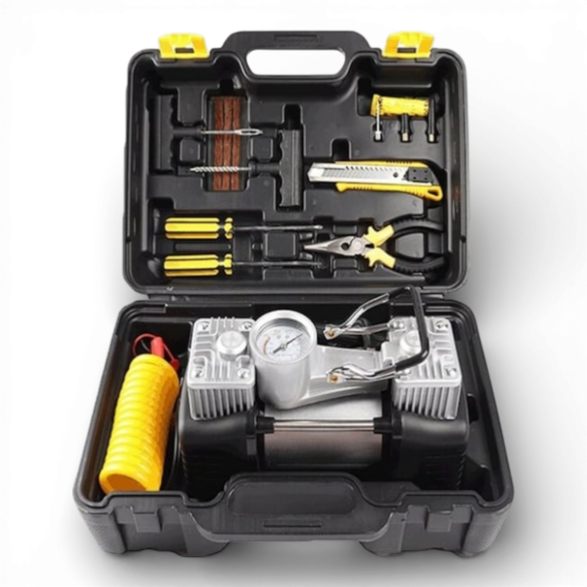Kit pana auto complet, compresor cu 2 cilindri, 500W, metal, accesorii incluse, alimentare la priza 12V, rezistent la apa, protectie suprasarcina, Galben/Negru