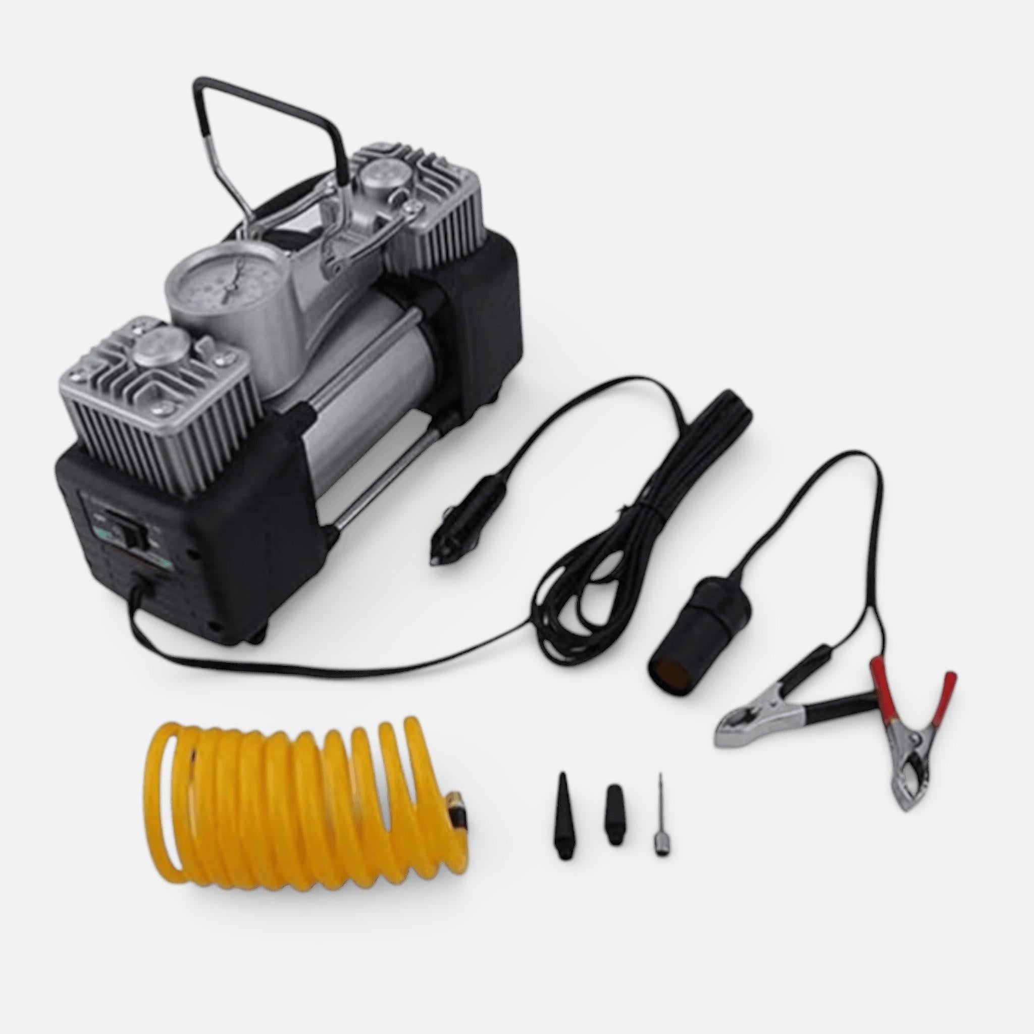 Kit pana auto complet, compresor cu 2 cilindri, 500W, metal, accesorii incluse, alimentare la priza 12V, rezistent la apa, protectie suprasarcina, Galben/Negru