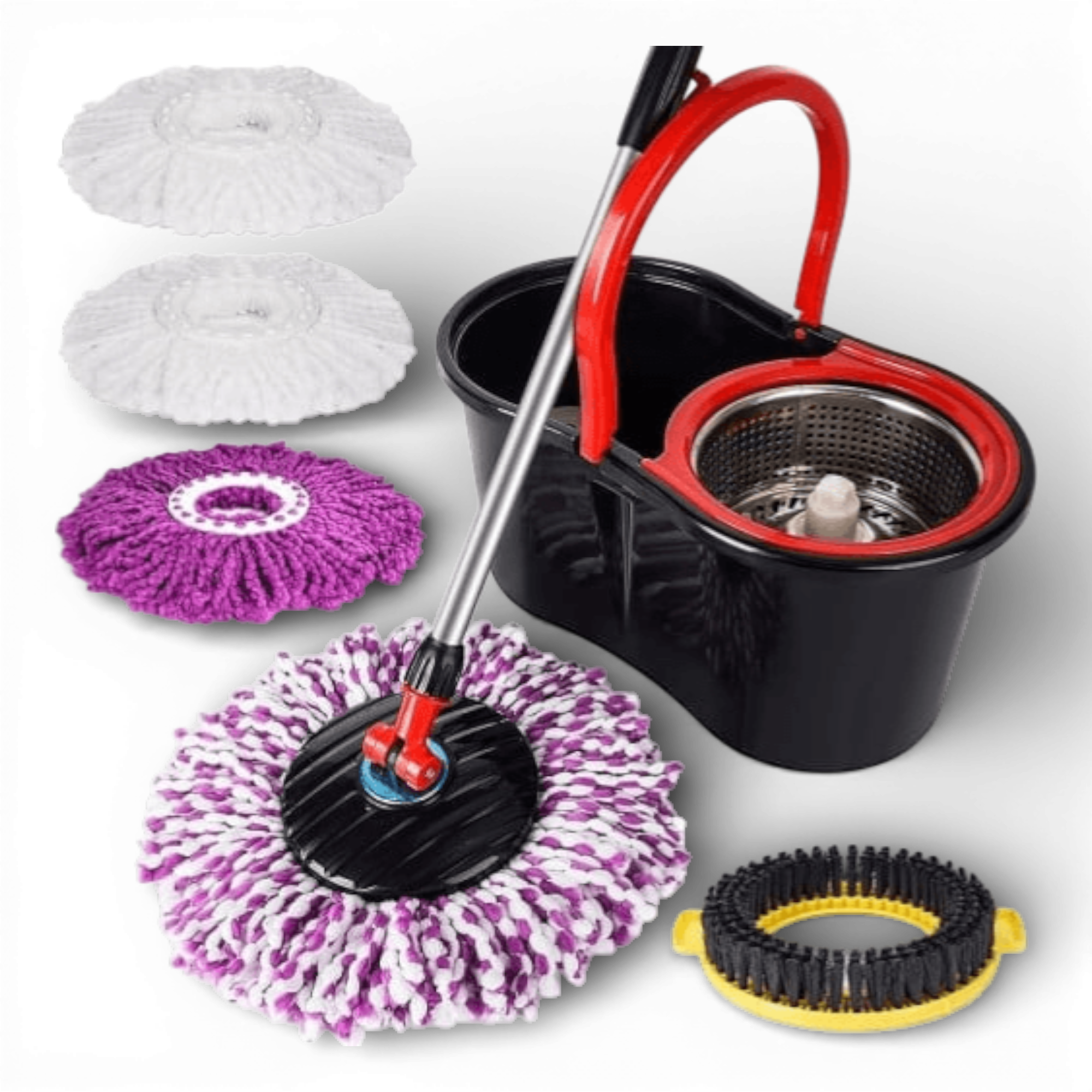 Set Mop Magic Rotativ 360° cu Talpă și Cuvă din Inox, 4 Rezerve Diferite + Perie Rosturi, Covoare Incluse