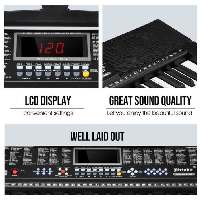 Orga electronica 61 clape, 255 ritmuri, 255 timbre, 50 melodii demonstrative, 5 octave, clape luminate led, functii invatare 3 lectii, functii inregistrare si redare, usb, mp3, afisaj lcd, suport part