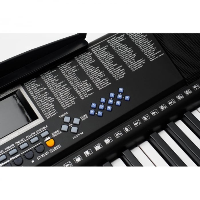 Orga electronica 61 clape, 255 ritmuri, 255 timbre, 50 melodii demonstrative, 5 octave, clape luminate led, functii invatare 3 lectii, functii inregistrare si redare, usb, mp3, afisaj lcd, suport part