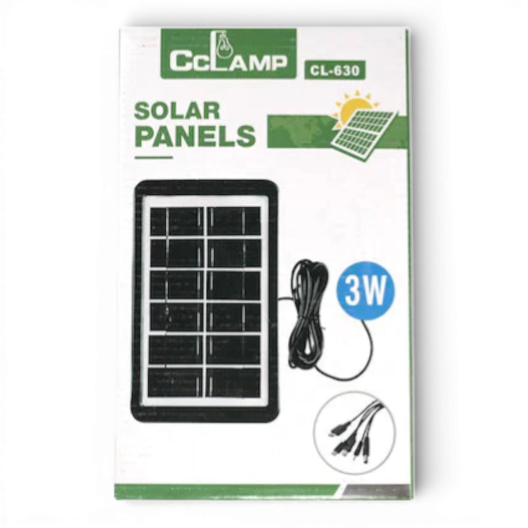 Panou Solar Portabil, Putere 3W, Tensiune 6V, IP67, Cablu cu Mufe 5 in 1, Negru