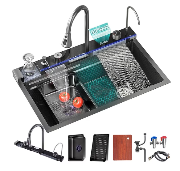 Chiuveta multifunctionala cu 2 cascade cu accesorii incluse, afisaj digital a temperaturii si robinet cascada, culoare negru grafit, dimensiune 750x460mm