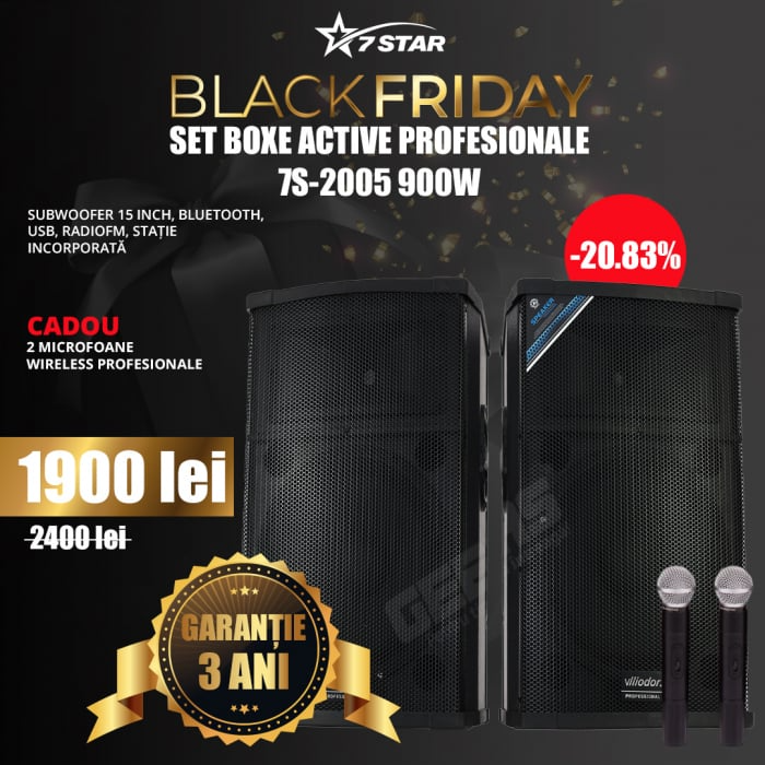 Set Boxe Active Profesionale 2005 900W, Subwoofer 15 INCH, Bluetooth, USB, RadioFM, Statie INCORPORATA, CADOU 2 Microfoane Wireless Profesionale