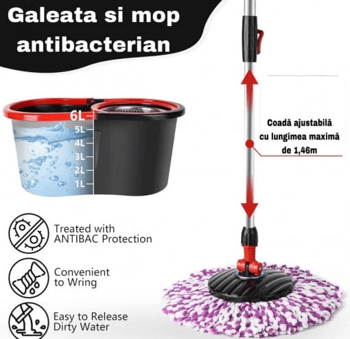 Set Mop Magic Rotativ 360° cu Talpă și Cuvă din Inox, 4 Rezerve Diferite + Perie Rosturi, Covoare Incluse