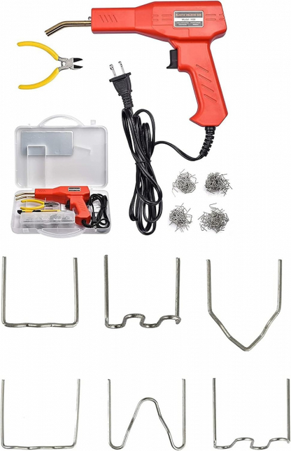 Set pistol si capse pentru lipit plastic, sudat plastic, repararea fisurilor din plastic, 200 capse si geanta transport incluse, putere 50W, Rosu