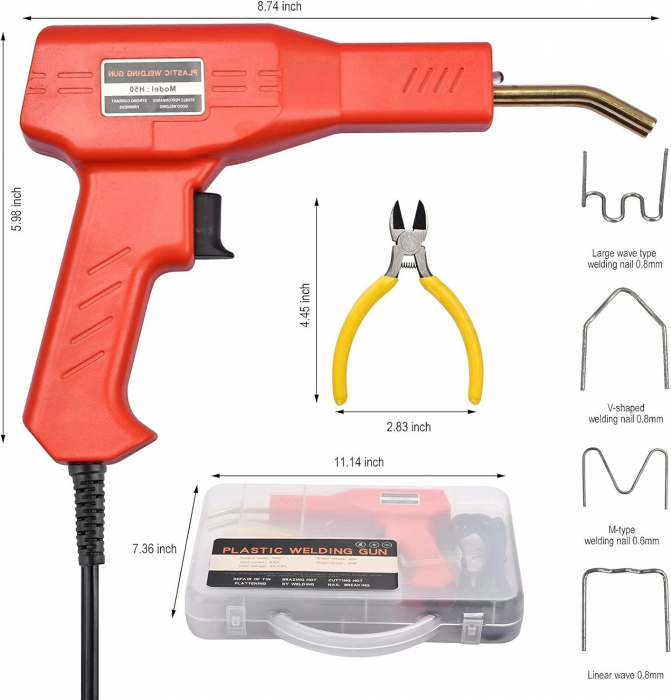 Set pistol si capse pentru lipit plastic, sudat plastic, repararea fisurilor din plastic, 200 capse si geanta transport incluse, putere 50W, Rosu