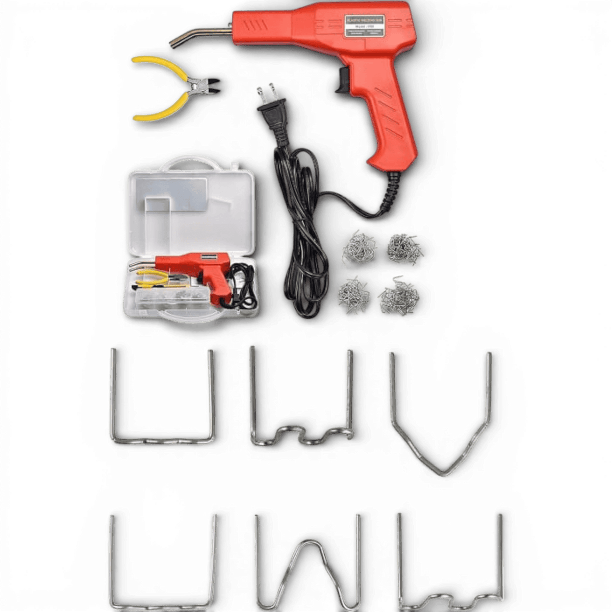 Set pistol si capse AEIDEN ® pentru lipit plastic, sudat plastic, repararea fisurilor din plastic, 200 capse si geanta transport incluse, putere 50W, Rosu