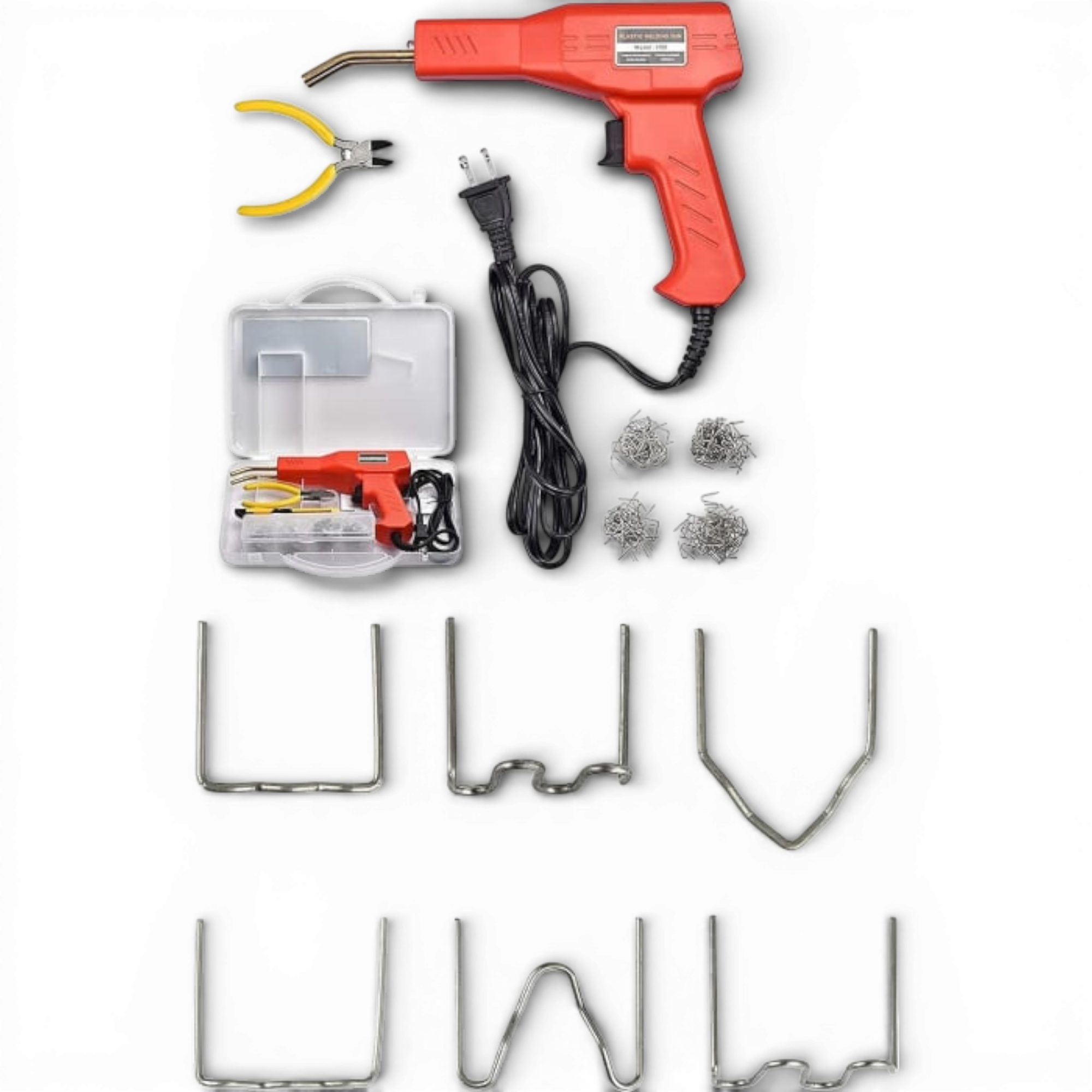 Set pistol si capse AEIDEN ® pentru lipit plastic, sudat plastic, repararea fisurilor din plastic, 200 capse si geanta transport incluse, putere 50W, Rosu