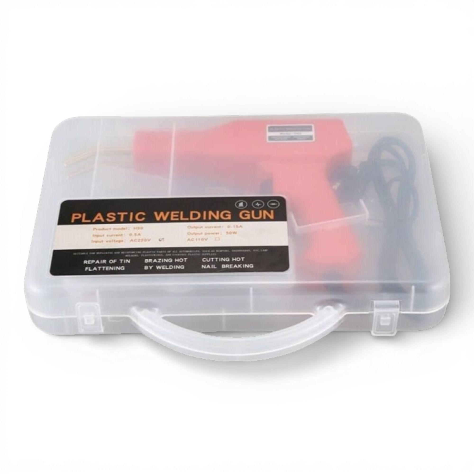 Set pistol si capse AEIDEN ® pentru lipit plastic, sudat plastic, repararea fisurilor din plastic, 200 capse si geanta transport incluse, putere 50W, Rosu