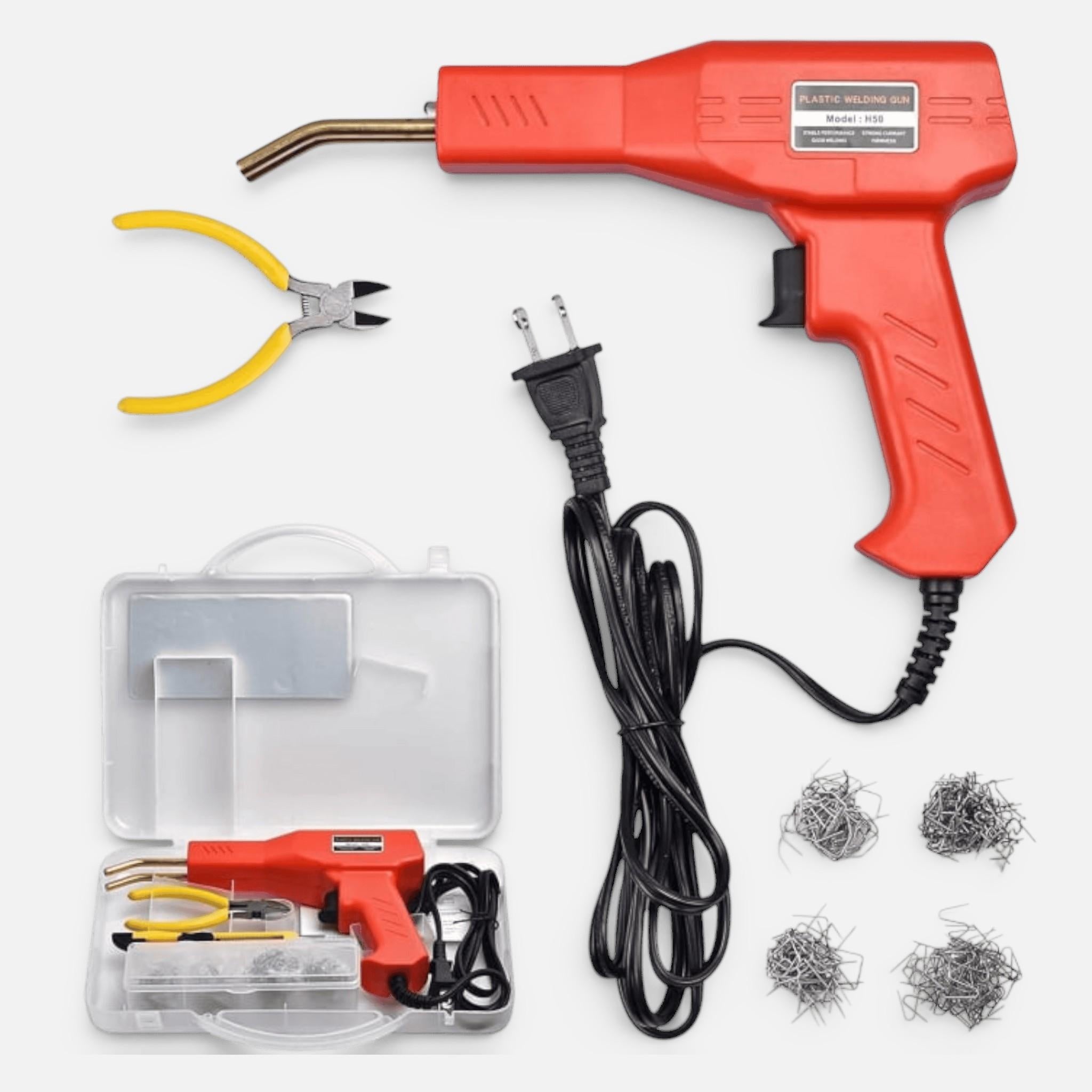 Set pistol si capse AEIDEN ® pentru lipit plastic, sudat plastic, repararea fisurilor din plastic, 200 capse si geanta transport incluse, putere 50W, Rosu