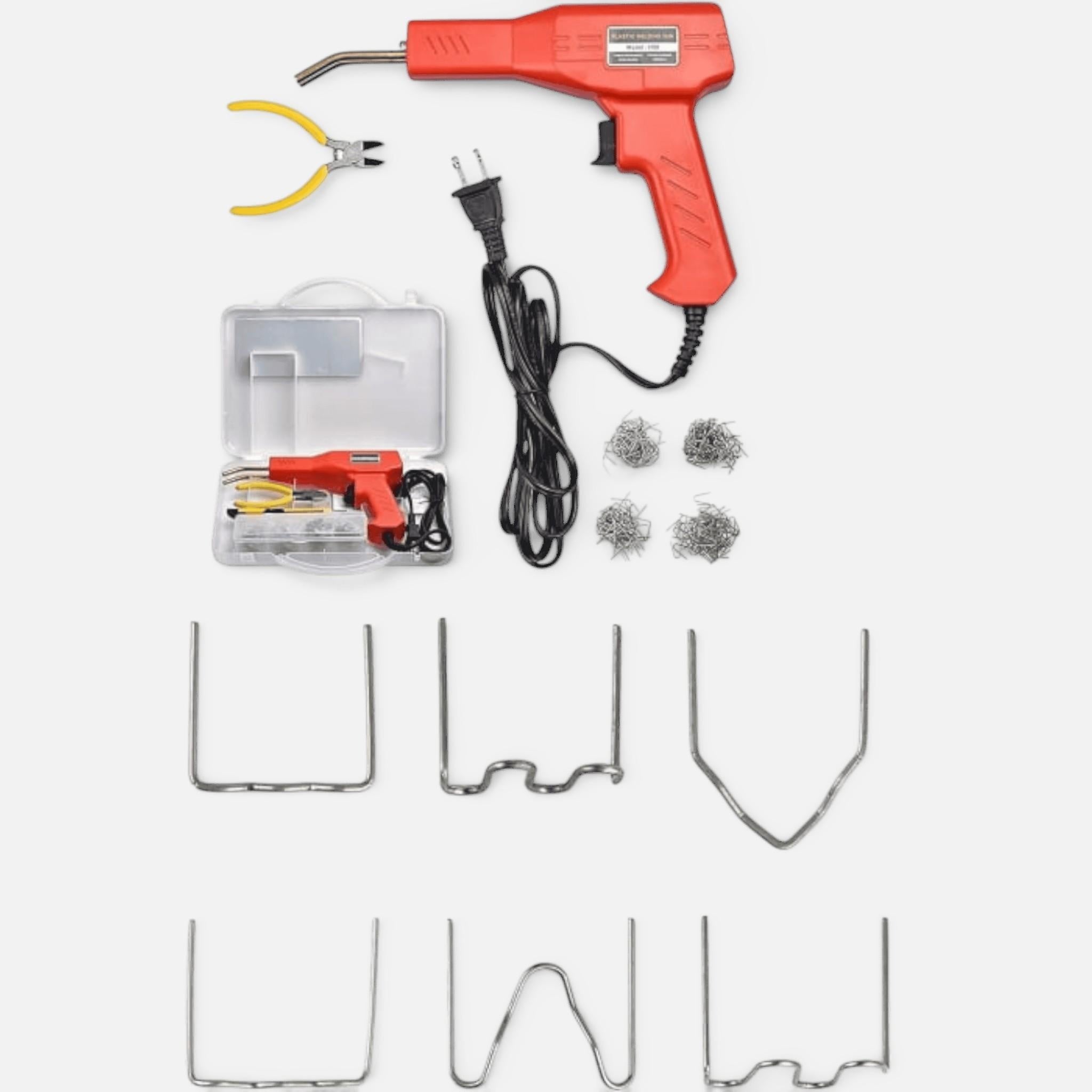 Set pistol si capse AEIDEN ® pentru lipit plastic, sudat plastic, repararea fisurilor din plastic, 200 capse si geanta transport incluse, putere 50W, Rosu