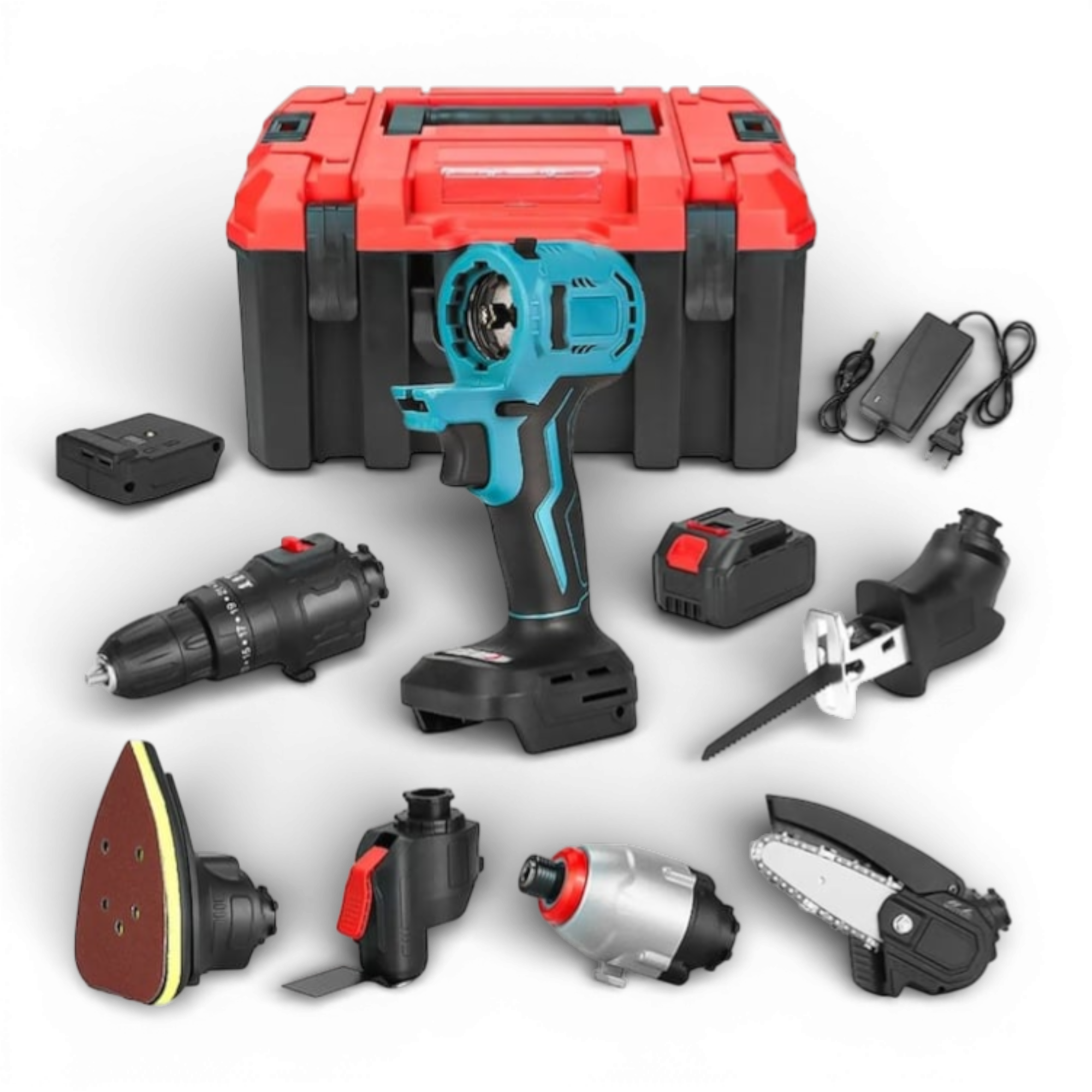 Bormasina fara fir AEIDEN ®, drujba cu lant interschimbabil, fierastrau sabie, surubelnita, cap de slefuire, lopata, cap multifunctional cu adaptor USB, 2 acumulatori 48V si incarcator, trusa multifunctionala