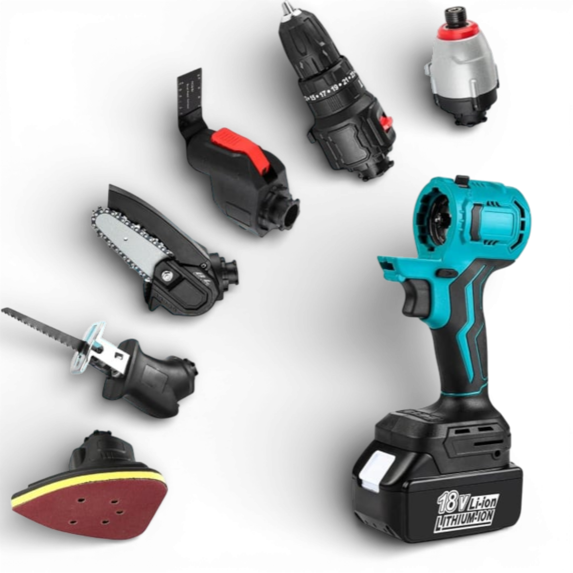 Bormasina fara fir AEIDEN ®, drujba cu lant interschimbabil, fierastrau sabie, surubelnita, cap de slefuire, lopata, cap multifunctional cu adaptor USB, 2 acumulatori 48V si incarcator, trusa multifunctionala