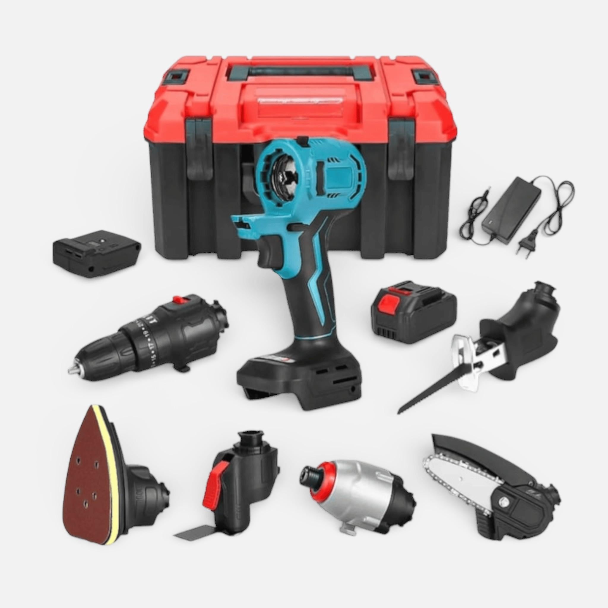 Bormasina fara fir AEIDEN, drujba cu lant interschimbabil, fierastrau sabie, surubelnita, cap de slefuire, lopata, cap multifunctional cu adaptor USB, 2 acumulatori 48V si incarcator, trusa multifunctionala