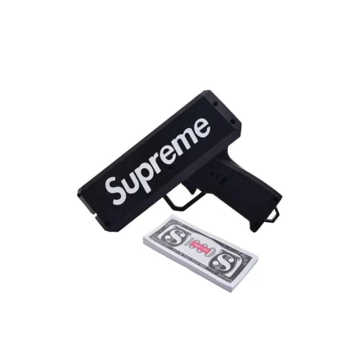 Pistol SUPREME de aruncat bani sau pliante, pentru petreceri si aniversari, 100 de bancnote incluse, negru - SHAM - Eleganta autentica, Inspiratie modena.