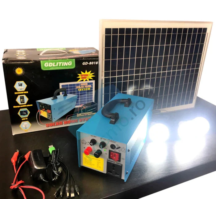 Sistem Fotovoltaic cu Panou Solar 12V/12A 100W, 3 Becuri, Iesire USB, Acumulator Incorporat, Alimentare 220 V - SHAM - Eleganta autentica, Inspiratie modena.