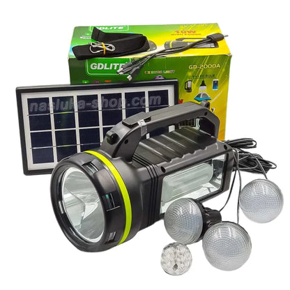 Kit Solar Portabil GDLite GD-2000A, Panou solar, USB, Bluetooth, Radio FM, MP3, Lanterna LED, 3 Becuri Incluse, Incarcare telefonica, Alimentare 220V - SHAM - Eleganta autentica, Inspiratie m