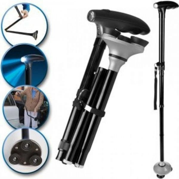 Baston telescopic de sprijin pliabil cu lanterna si pivoti stabilizatori Trusty Cane,negru - SHAM - Eleganta autentica, Inspiratie modena.