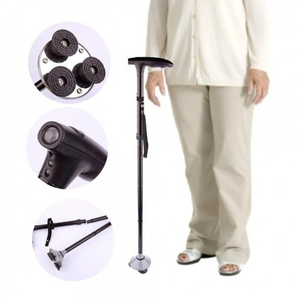 Baston telescopic de sprijin pliabil cu lanterna si pivoti stabilizatori Trusty Cane,negru - SHAM - Eleganta autentica, Inspiratie modena.